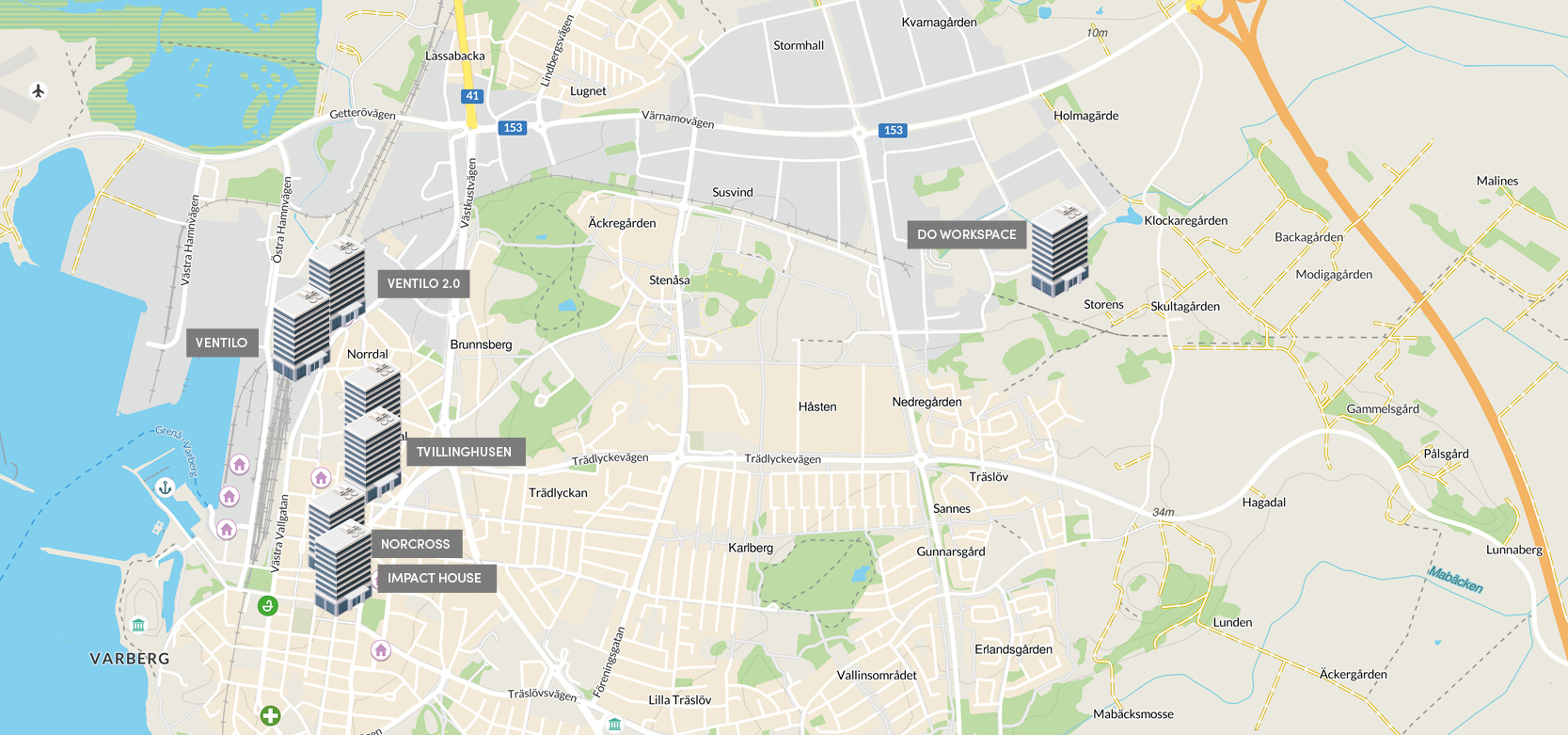 Karta som visar kontorshotellens lokalisering i Varberg